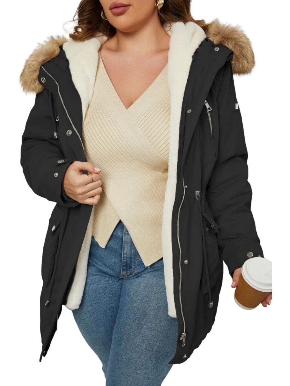 Plus Size 3-in-1 Winter Coat, Hooded Parka with Faux Fur, Sizes 1X-5X